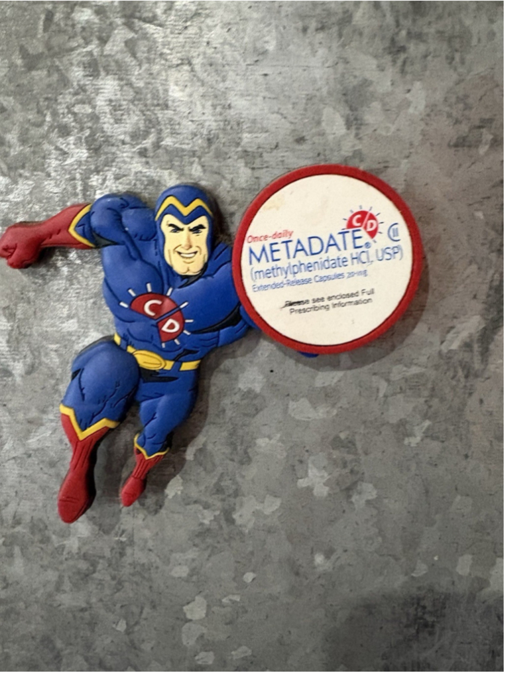 Vintage METADATE ADHD Pharma Rep Superhero Magnet Methylphenidate Rare